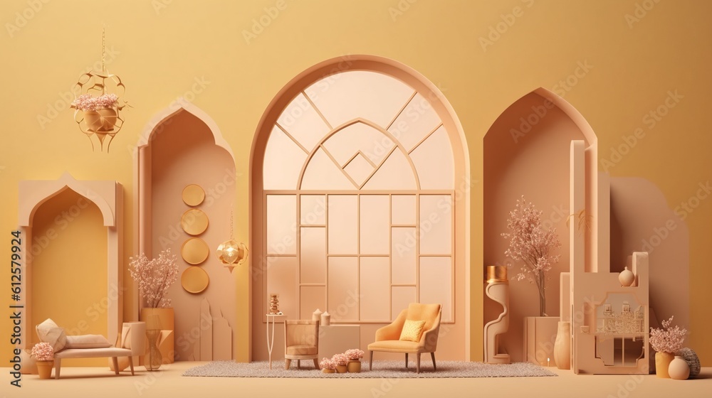 A beautiful islamic castle background with empty space to promote products and services. Generative Ai. A beautiful islamic castle background with empty space to promote products and services. Generative Ai.