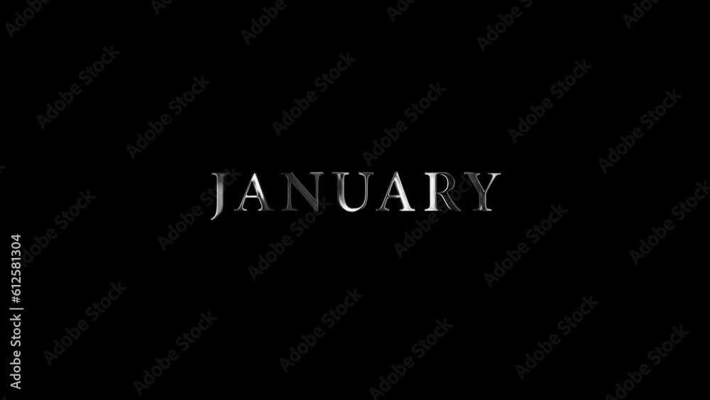animated text January with cinematic intro style, 4K green screen motion graphic.
