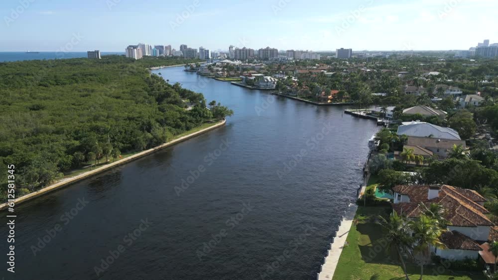 Drone view of a beautiful cityscape on the seashore Drone view of a beautiful cityscape on the seashore