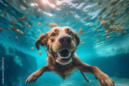 pool dog snorkeling water fun puppy funny swimming underwater vacation. Generative AI.