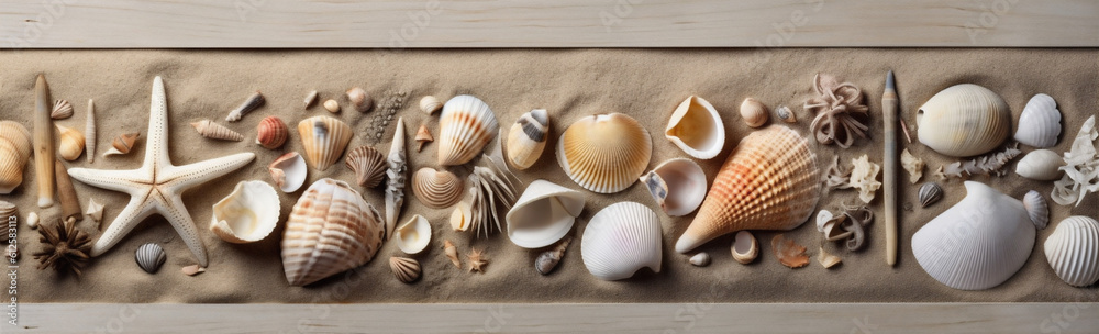 ocean sea nature tropical beach summer shell holiday sand banner. Generative AI.