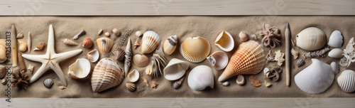 ocean sea nature tropical beach summer shell holiday sand banner. Generative AI.