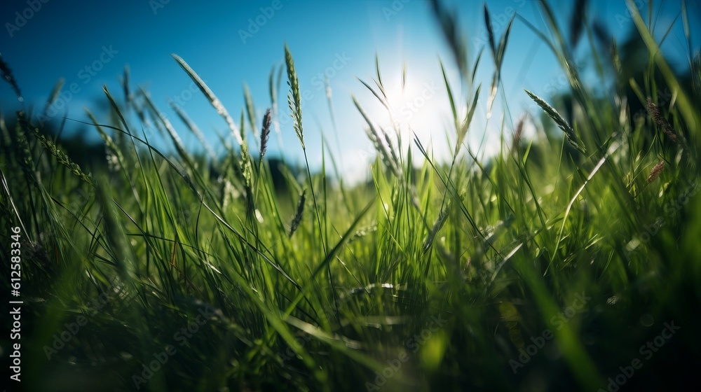 A beautiful field of summer grass with a view through the grass to the sky. Generative AI. 