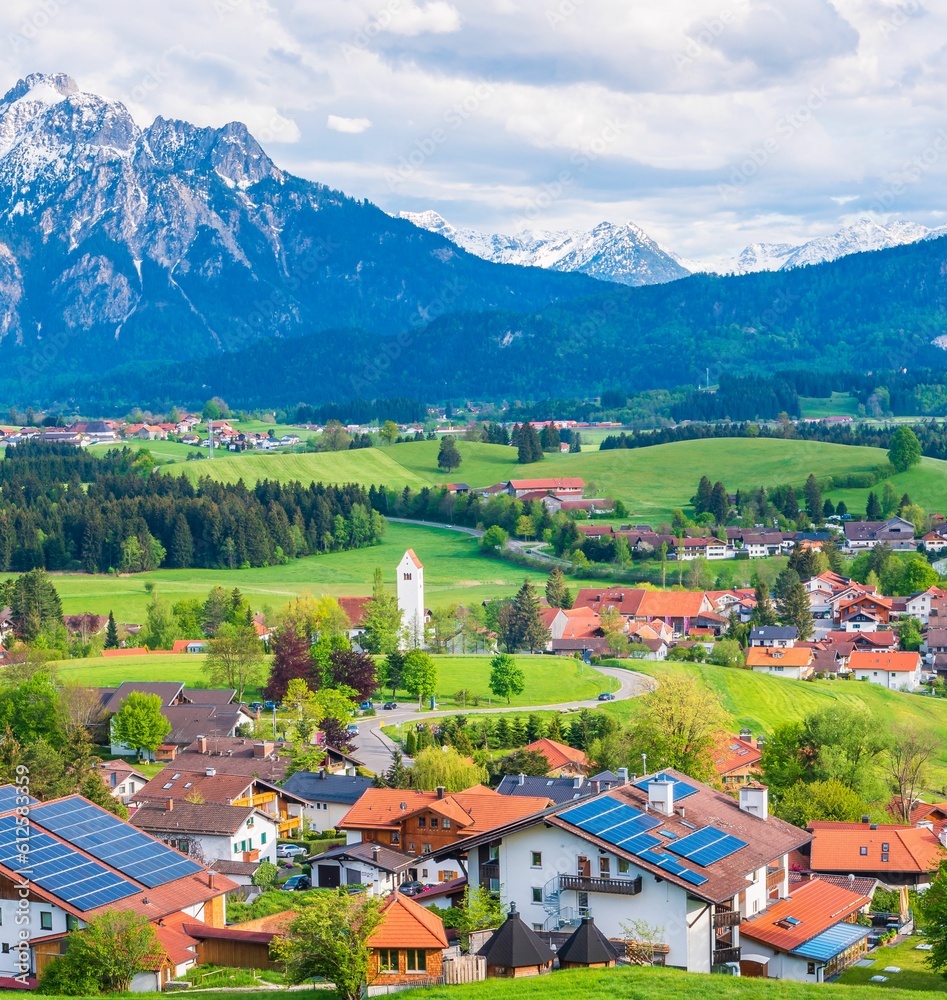 Vertical shot of a peaceful countryside settlement with alpine mountains in the background
