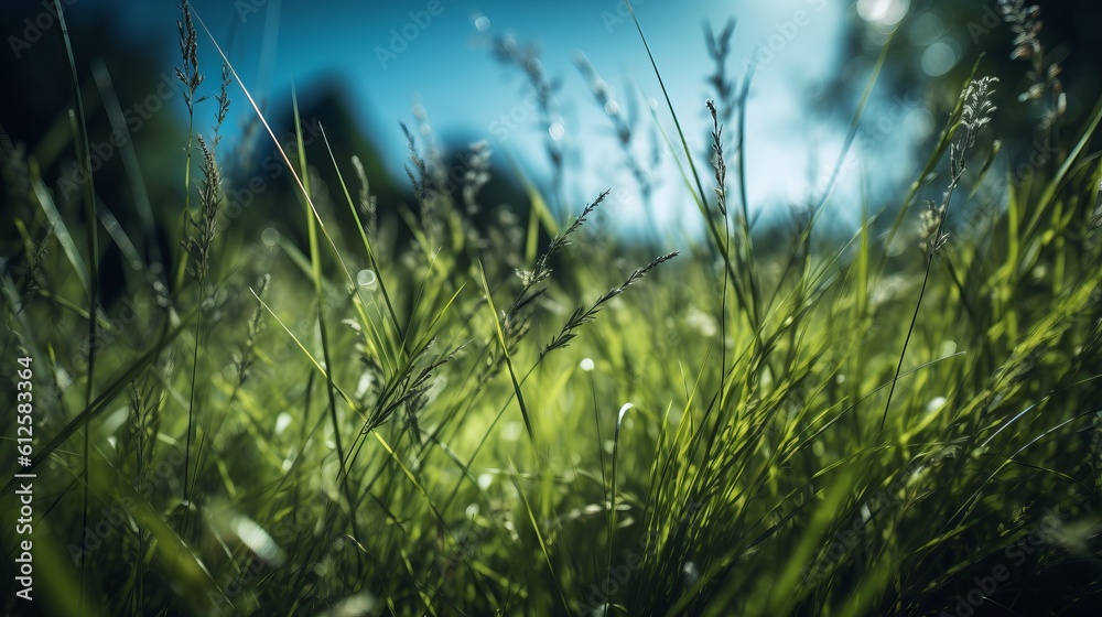 A beautiful field of summer grass with a view through the grass to the sky. Generative AI. A beautiful field of summer grass with a view through the grass to the sky. Generative AI.