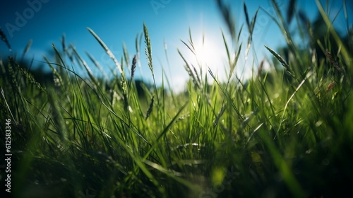 A beautiful field of summer grass with a view through the grass to the sky. Generative AI. 