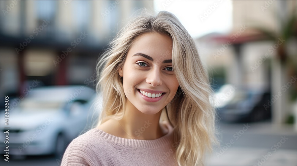 Headshot of a beautiful blond smiling young woman looking at the camera in a city street. Generative AI