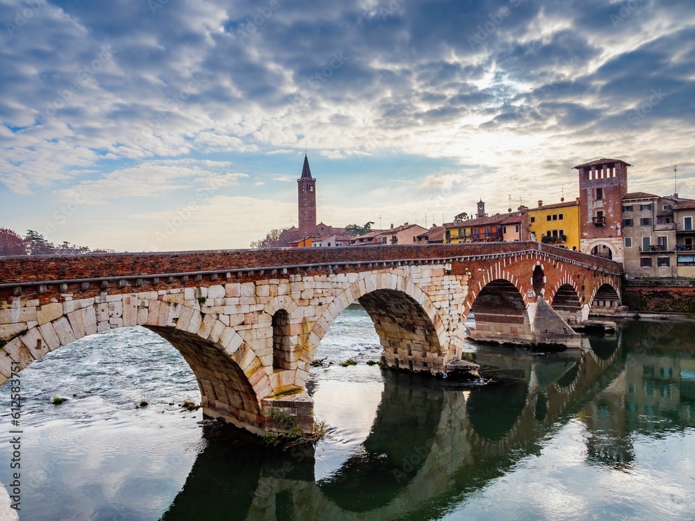 Beautiful landscape of the Ponte Pietra Roman arch bridge, Verona
