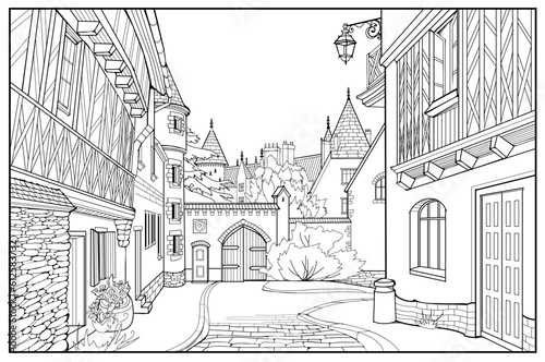 Illustration of street in a medieval French town. Fairyland kingdom. Black and white page for kids coloring book. Worksheet for drawing and meditation for children and adults. Ancient architecture.