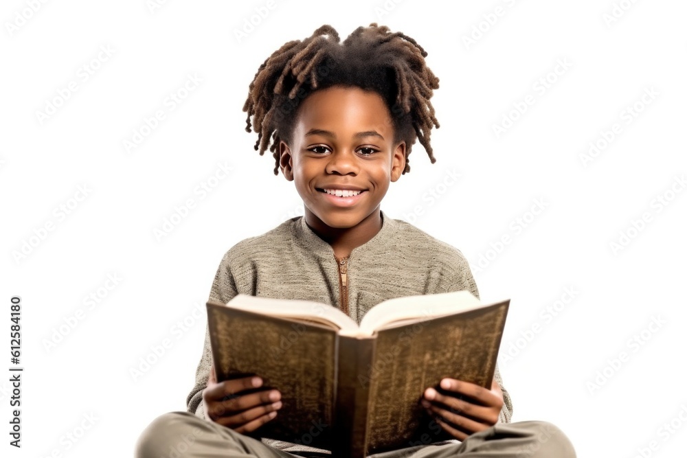 Portrait of a smiling black 7 years old boy reading a book isolated on white background. Generative AI. Portrait of a smiling black 7 years old boy reading a book isolated on white background. Generative AI.