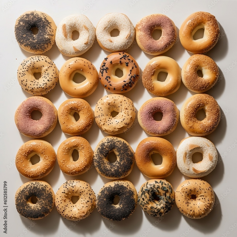 View from the top of rows of bagels flavors View from the top of rows of bagels flavors