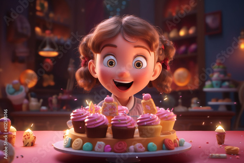 3D cartoonish closeups of a happy little girl holding her birthday cake to enjoy her party, Created with AI
