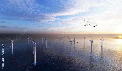 8k Ultra HD. 7640x4320. Ocean Wind Farm. Windmill farm in the ocean. Offshore wind turbines in the sea. Wind turbine from aerial view.