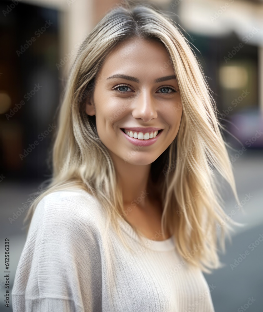 Headshot of a beautiful blond smiling young woman looking at the camera in a city street. Generative AI Headshot of a beautiful blond smiling young woman looking at the camera in a city street. Generative AI
