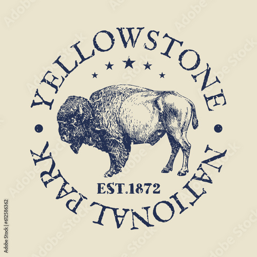 Yellowstone National Park, WY, USA Illustration Clip Art Design Shape. Bison Animal Silhouette Icon Vector.