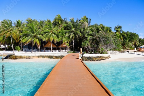 Walkway over blue water and palm trees in the background at Thulhagiri island resort in Maldives photo