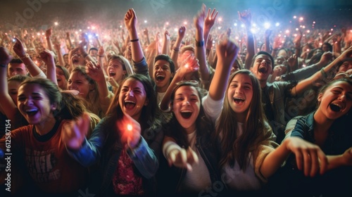 music concert performance in a huge young crowd stadium arena hall on a stage. Epic lights and smartphone flashlights. boys girls teenagers screaming and having fun. Generative AI