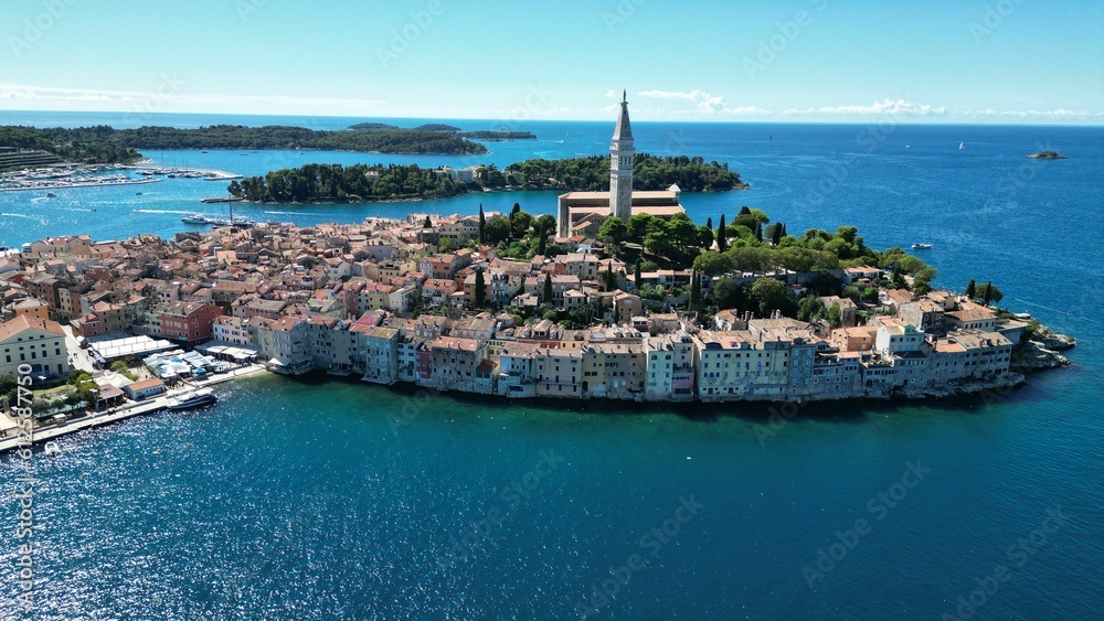 Aerial shot of Istria county with waterfront residential buildings near Adriatic