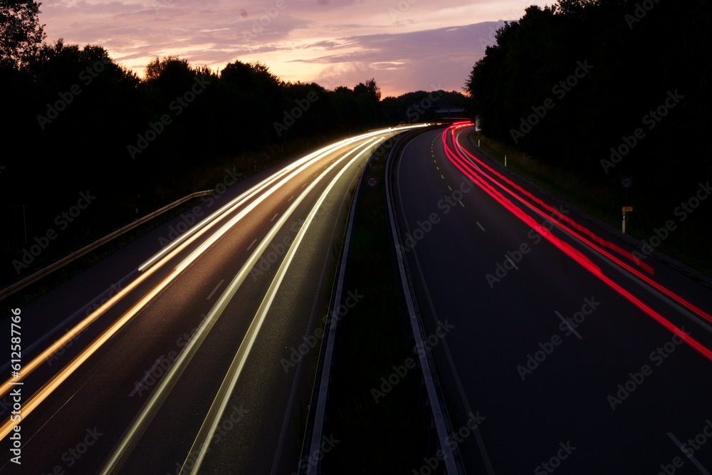 Long exposure shot of the car traffic on the road at night