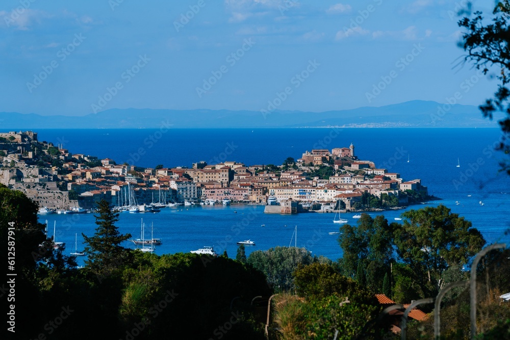 Aerial view of town Portoferraio surrounded by buildings and water