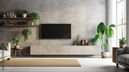 Cabinet TV in modern living room with armchair and plant on concrete wall background  Generative AI