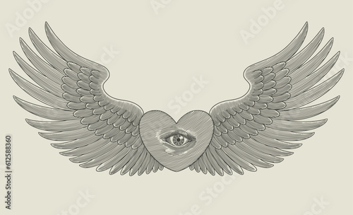 heart with wings and eye. vintage engraving vector illustration
