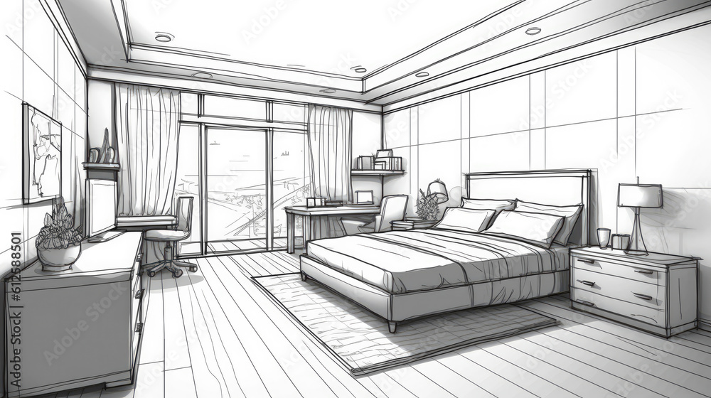 Linear sketch of an interior. Room plan. Sketch Line bedrooms. Vector illustration.outline sketch drawing perspective of a interior space, Generative AI
