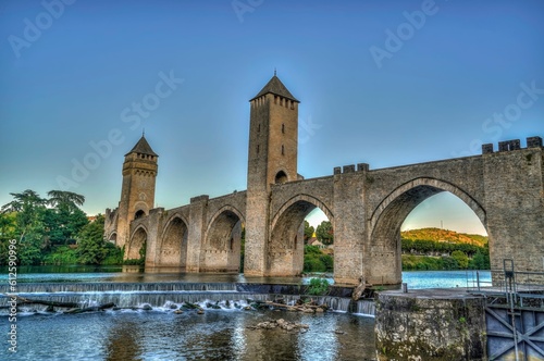 Scenic view of the Pont Valentre arch bridge located in the city of Cahors, France