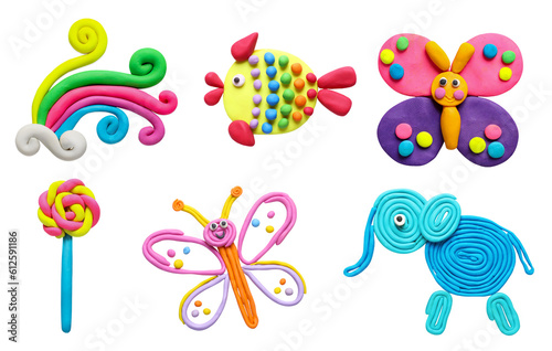 Set with different colorful child s crafts of plasticine on white background  top view