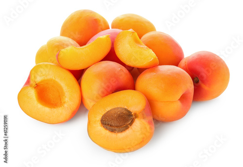 Heap of ripe apricots isolated on white background