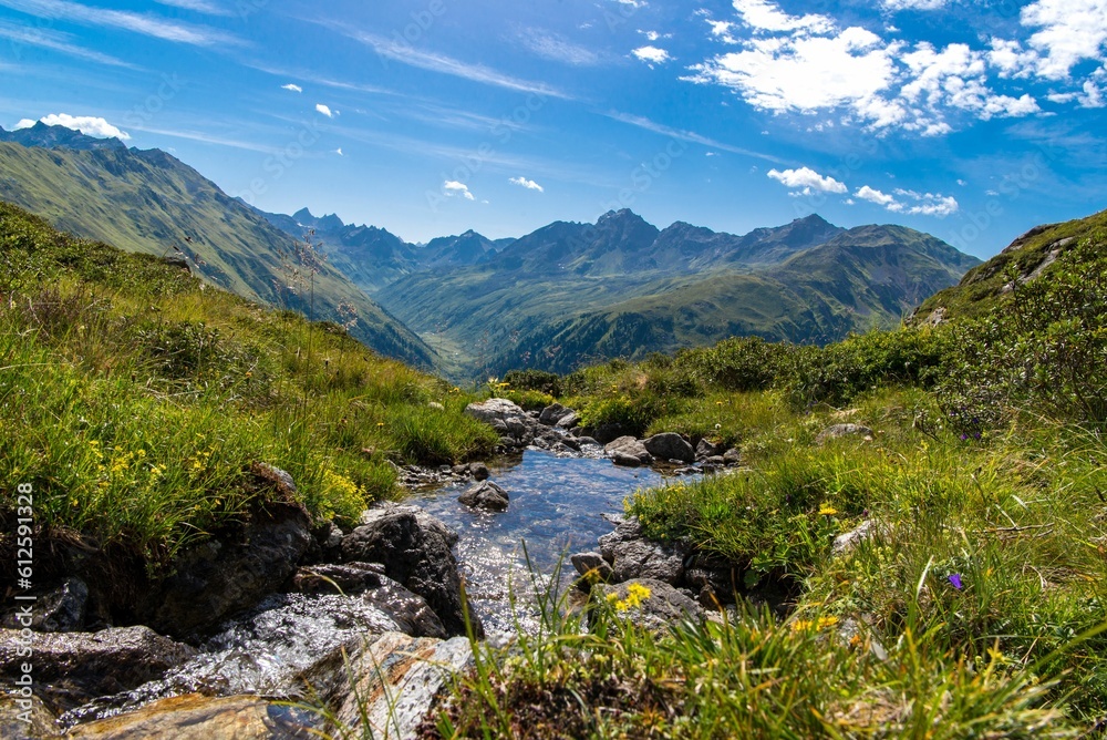 Stream running through a lush green valley next to a mountain