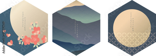 Japanese template vector with Blue geometric logo and Floral object. Abstract banner with wavy element texture background in vintage style.