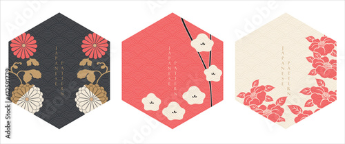 Japanese floral background vector. Asian icons and symbols. Vintage traditional template design. Abstract pattern and template. Geometric icon and logo design set.