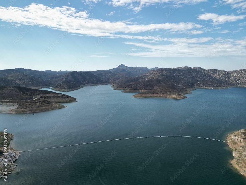 High-angle view of the beautiful lake Berryessa surrounded by mountains
