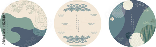 Japanese template with hand drawn tree pattern vector. Set of geometric modern graphic elements vector. Asian icons with Chinese pattern. Abstract banners .