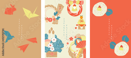 Japanese pattern and icon vector. Oriental wedding invitation and frame background. Geometric pattern and origami folding paper decoration. Abstract template in Chinese style.