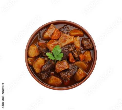 Delicious beef stew with carrots, parsley and potatoes on white background, top view