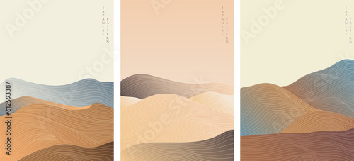 Japanese hand drawn wave pattern with abstract art background vector. Line element in oriental style. Gradient colorful mountain forest template.