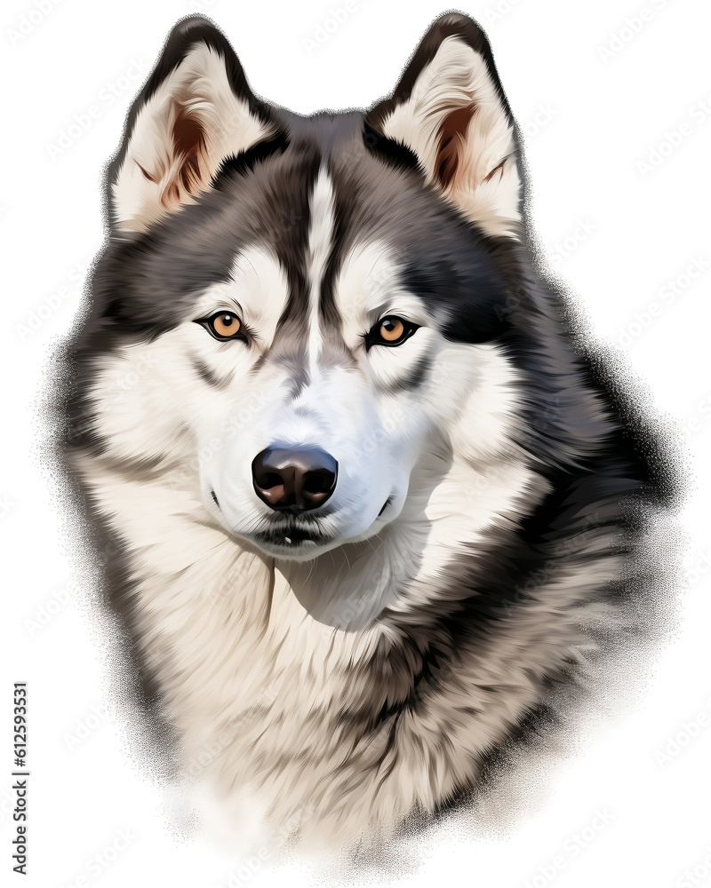 Watercolor-style portrait illustration of a husky on a white background. Capturing the beauty and personality of this breed in a unique and vibrant artistic representation. Perfect for dog lovers