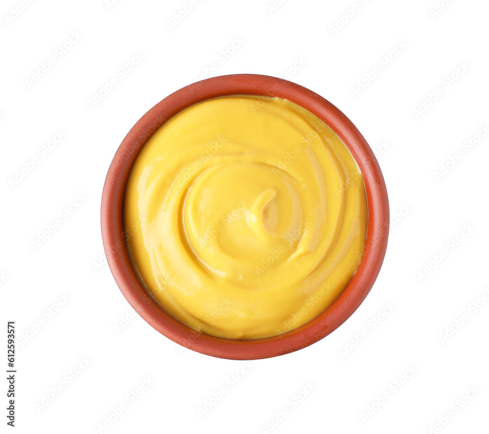 Bowl with delicious mustard on white background, top view Bowl with delicious mustard on white background, top view