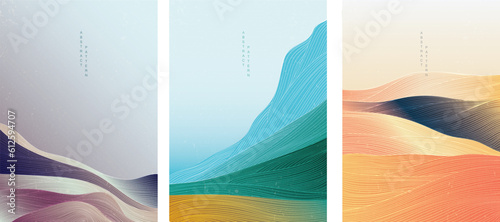 Japanese background with line wave pattern vector. Abstract template with geometric pattern. Mountain landscape design in oriental style. 