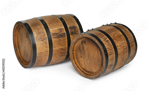 Two traditional wooden barrels on white background