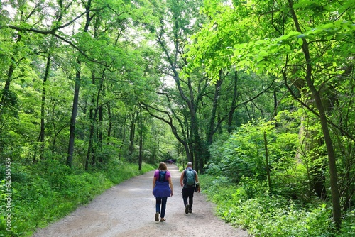 Starved Rock State Park with a path with walking tourists surrounded by green trees in Illinois, US