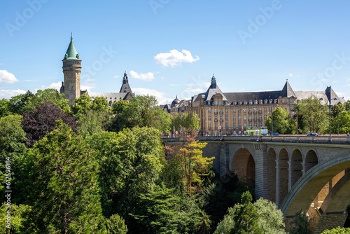 Aerial shot of the castle and a bridge surrounded by trees, Luxembourg