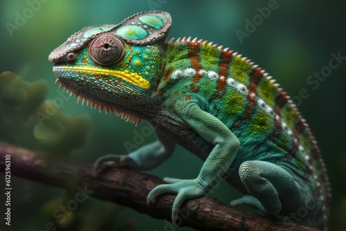 Beautiful green chameleon lizard family. A symbol of adaptation to change. AI generated, human enhanced photo