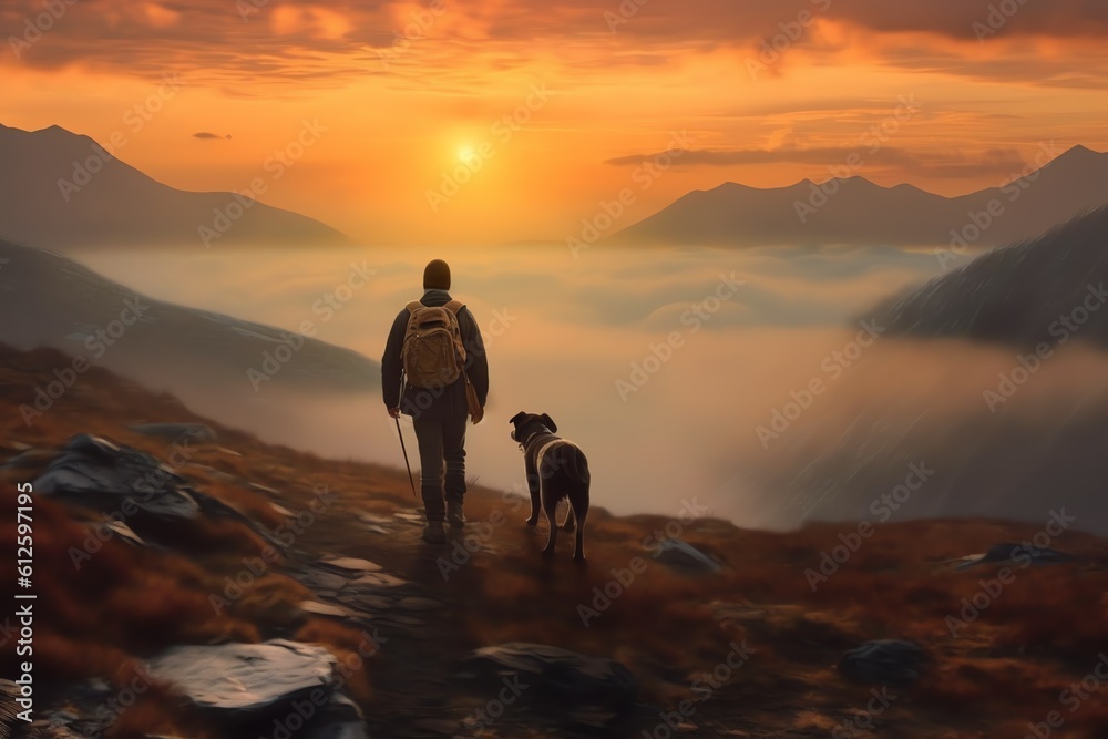 a man walking with a dog, sunset in the mountains, hiking, love nature, ai generated