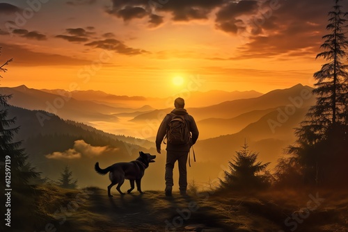 a man walking with a dog  sunset in the mountains  hiking  ai generated