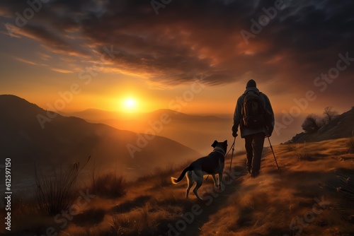 a man walking with a dog, sunset in the mountains, hiking, ai generated © RJ.RJ. Wave