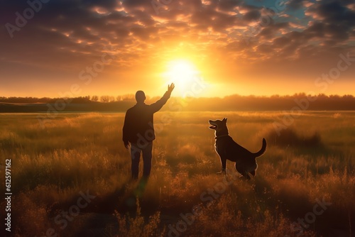 a man walking with a dog, sunset in the mountains, hiking, love nature, ai generated