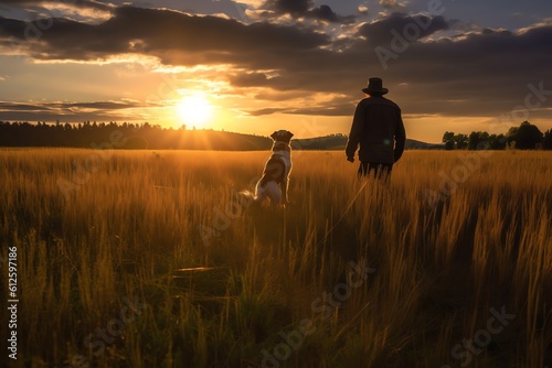 a man walking with a dog  sunset in the mountains  hiking  love nature  ai generated